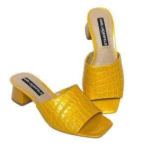 NEW KARL LAGERFELD Macaria Croc Embossed Leather Block Heeled Sandals SZ 6 Retro